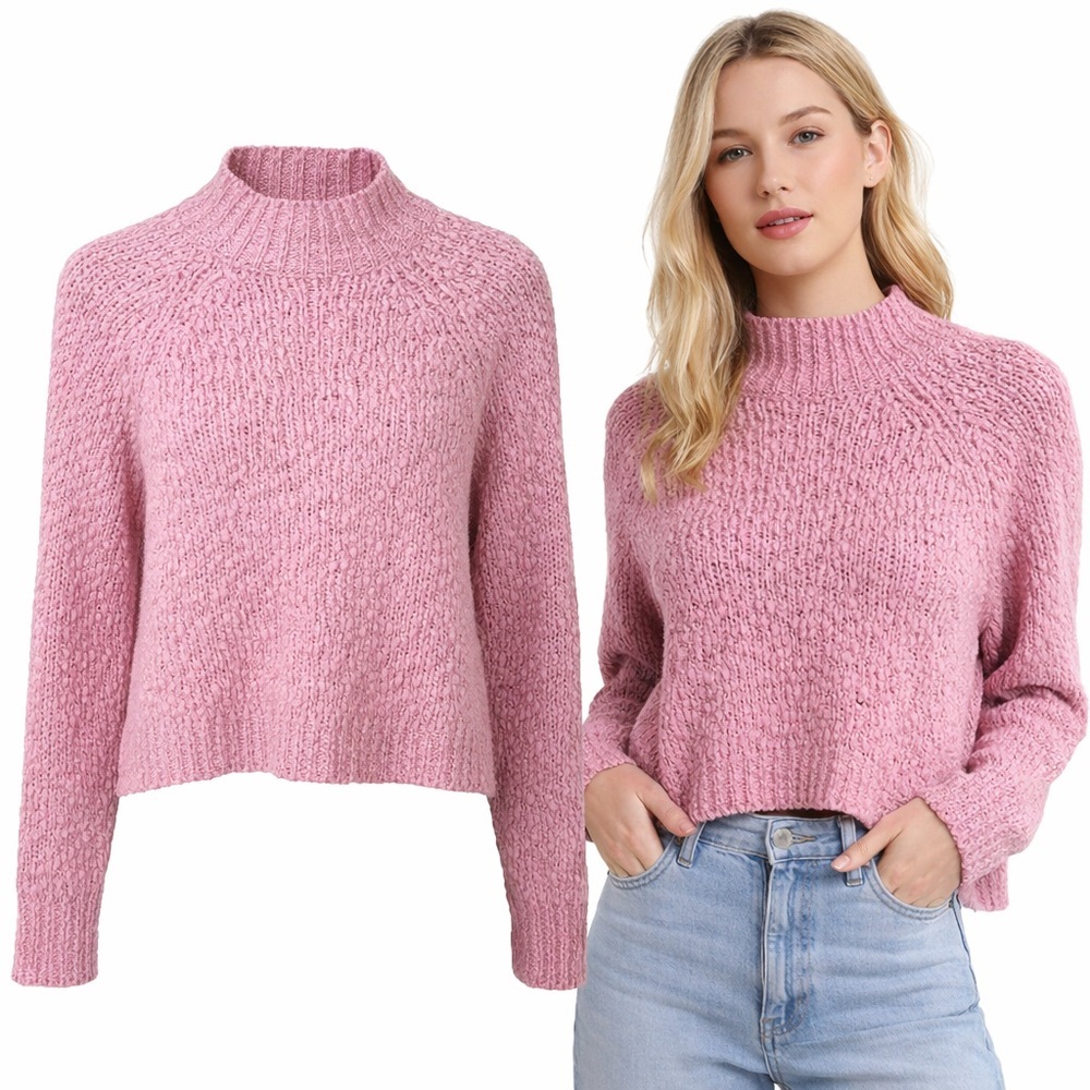 Maeve | Pink Chunky Knit Sweater | Wool Blend | Mock Neck | Size M
